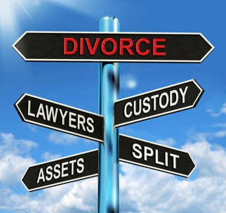 A sign post with five signs attached. The signs read: divorce, custody, lawyers, split, and assets.
